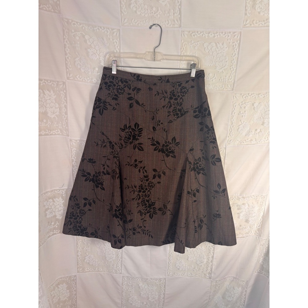Brown Pin Strip Velvet Burnout Floral Boho Chic Pleated Midi Skirt Size M